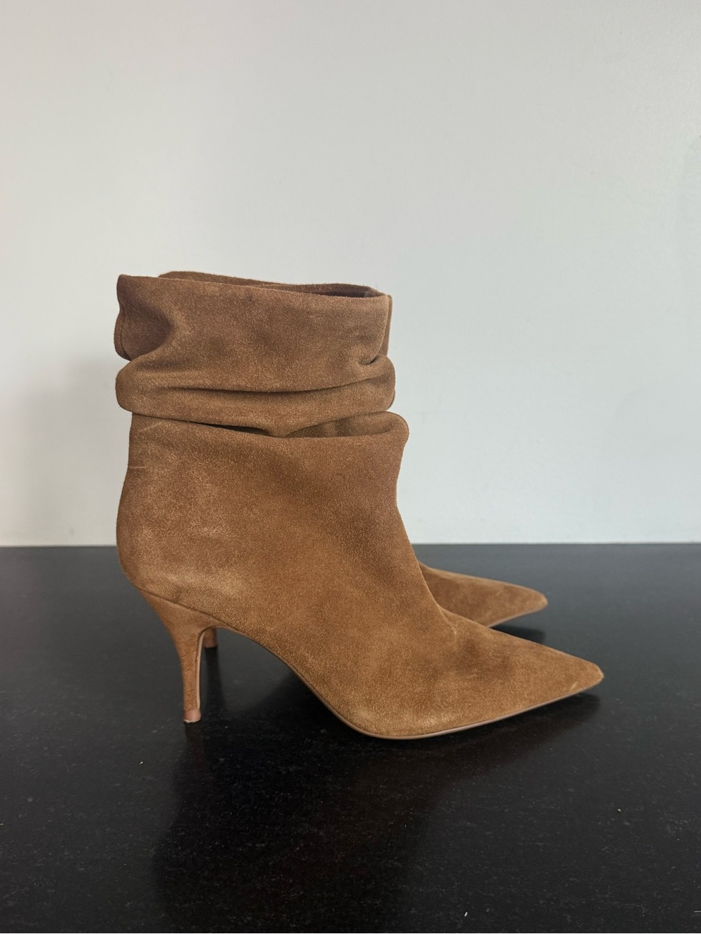 $169 Brian Atwood x Express Suede Slouch Thin Heeled Boots – Cognac Size 6